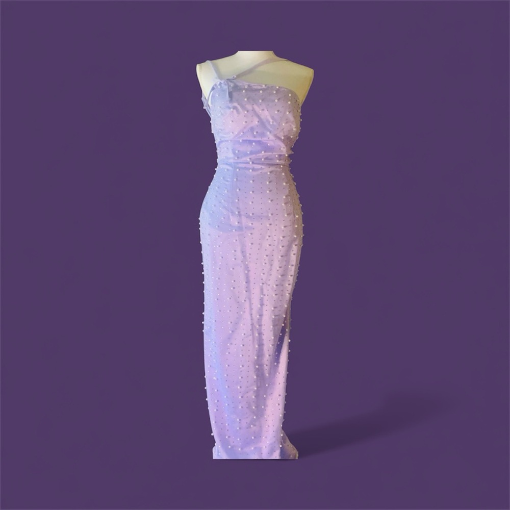 Violet size5/6 Strappy One Shoulder Pearl Rhinestone Embellished Gown Lilac NWT - Picture 6 of 12